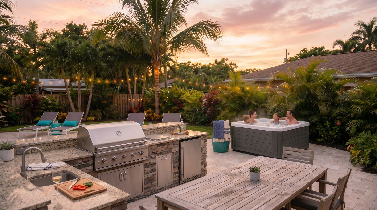 Family relaxing together in a hot tub at sunset next to an outdoor kitchen