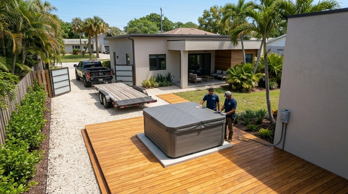 Pro Dispatch installers setting up a hot tub on a new deck