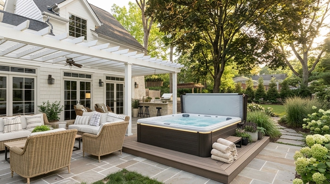 Backyard patio with a hot tub installed on a wood deck, surrounded by seating and landscaping